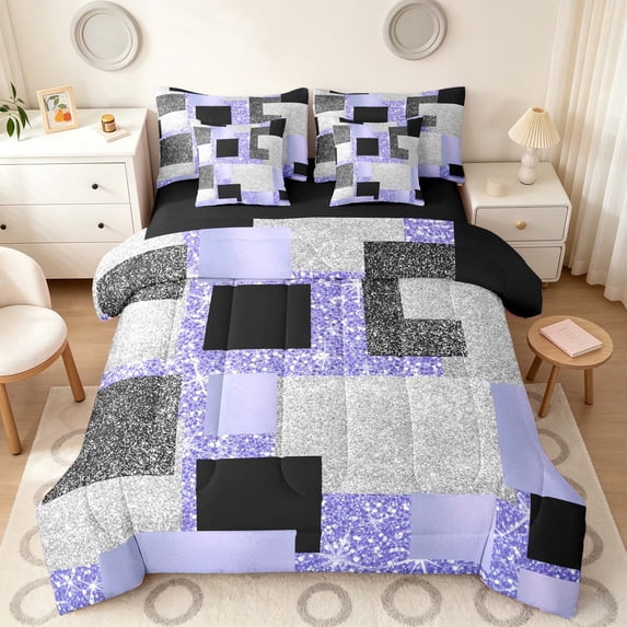 Manfei Glitter Plaid Print King Bedding, Bling Geometric King Bed in a Bag, Purple, Black and Silver, Black Reversible 7-Piece