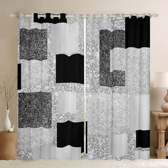 Manfei Glitter Plaid Print Kitchen Curtains, Bling Geometric Black Out Curtains Pack of 2 (42x63 Each), Gray, Black and Silver
