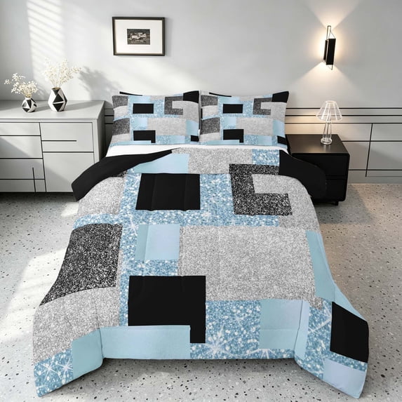 Manfei Glitter Plaid Print Queen Comforter Set, Bling Geometric Comforter Sets Queen, Blue, Black and Silver, Black Reversible 3 Pieces, 1 Comforter and 2 Pillowcases