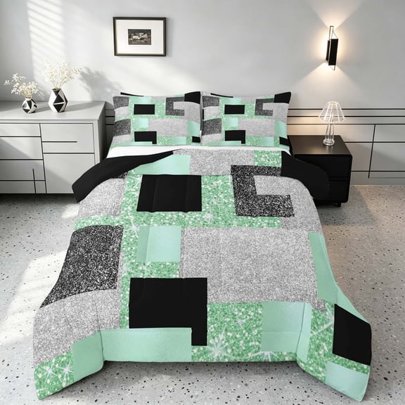 Manfei Glitter Plaid Print Queen Comforter Set, Bling Geometric Comforter Sets Queen, Mint, Black and Silver, Black Reversible 3pcs, 1 Comforter and 2 Pillowcases