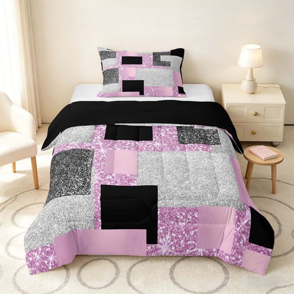 Manfei Glitter Plaid Print Twin Comforter Sets, Bling Geometric Bedding Set, Light Pink, Black and Silver, Black Reversible 2-Piece, 1 Comforter and 1 Pillowcase