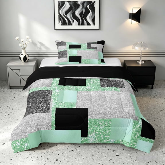 Manfei Glitter Plaid Print Twin Comforter Sets, Bling Geometric Bedding Set, Mint, Black and Silver, Black Reversible 2pcs, 1 Comforter and 1 Pillowcase