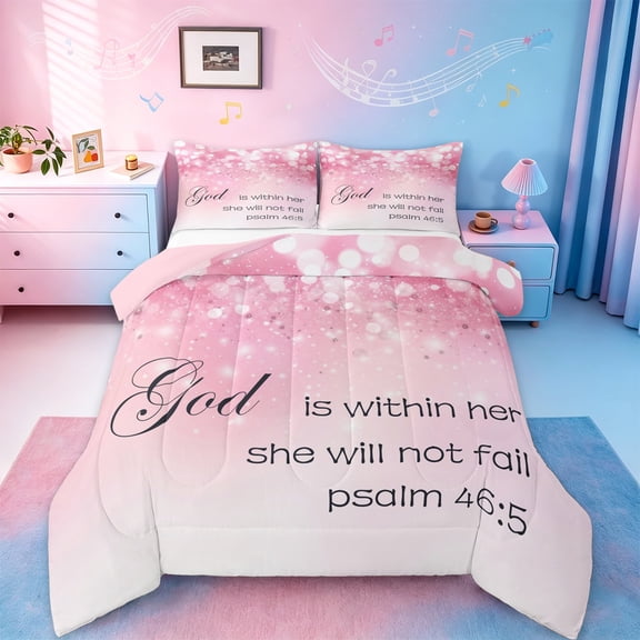 Manfei Glitter Print Bedding Comforter Set,Romantic Theme Twin Comforter Sets,Pink White Ombre Bedding Set For Girls,Microfiber Bedroom Decor Reversible,2 Pieces