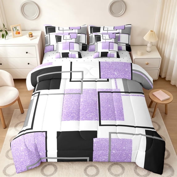 Manfei Glitter Purple Square Twin Bedding,Contemporary Simple Art Bedding Comforter Set, Reversible 7pcs