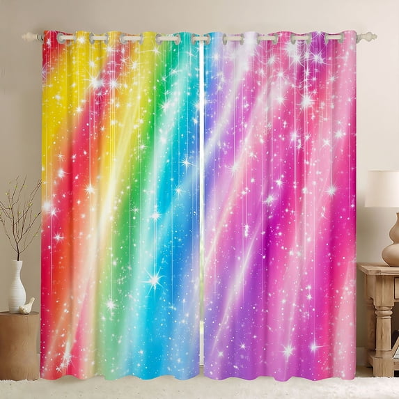 Manfei Glitter Rainbow Streak Blackout Curtains Set of 2 (38x54 Each), Twinkle Star Living Room Curtains, Blue Pink Purple