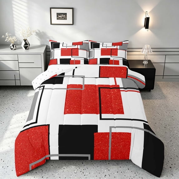 Manfei Glitter Red Square Queen Comforter Set,Contemporary Simple Art Comforter Sets Queen, Reversible 3 Pieces, 1 Comforter and 2 Pillowcases