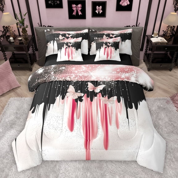 Homewish Glitter Romantic Butterfly Bedding Comforter Set 7pcs, Black Pink Sequin Print King Bedding Sets, Teens Kids Girls Women Reversible Bed Sheets, Lightweight Room Decor