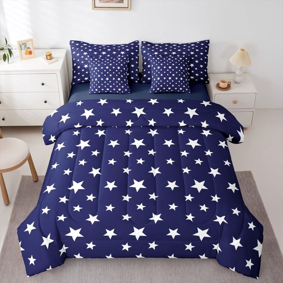Manfei Glitter Stars 7-Piece Twin Bedding,Navy Blue White Bedding Comforter Set,Navy Blue Reversible