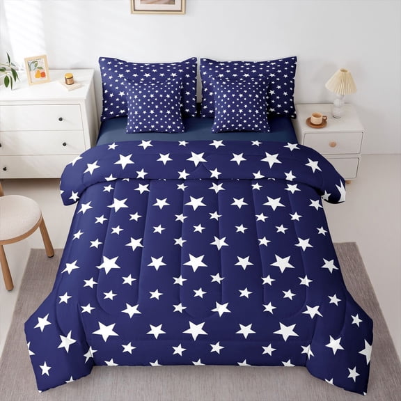 Manfei Glitter Stars 7-Piece Twin Bedding,Navy Blue White Bedding Comforter Set,Navy Blue Reversible