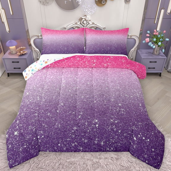Manfei Glitter Stars Print Bedding Comforter Set, Pink Purple Sequin Print Twin Comforter Sets, Dreamy Galaxy Rainbow Reversible Bedding Set, Lightweight Room Decor, 2-Piece