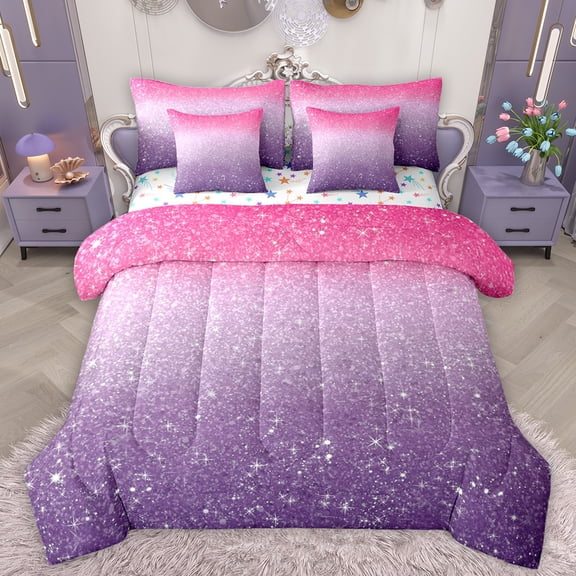 Manfei Glitter Stars Print Twin Bedding Sets 7-Piece, Pink Purple Sequin Print Bedding Comforter Set, Dreamy Galaxy Rainbow Reversible Sheet Sets, Lightweight Room Decor