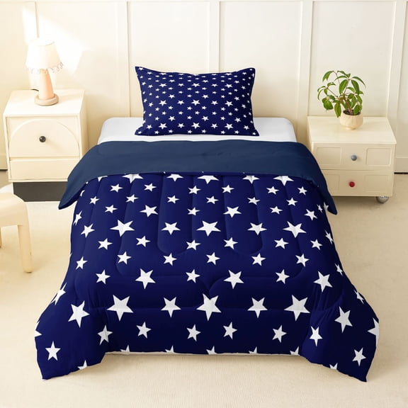 Manfei Glitter Stars Twin Comforter Sets,Navy Blue White Bedding Set,Navy Blue Reversible,2-Piece,1 Comforter and 1 Pillowcase