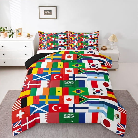 Manfei Global Flag Full Size Comforter Sets,World Pride Bedding Comforter Set,Red Green,Black Reversible,3pcs,1 Comforter and 2 Pillowcases
