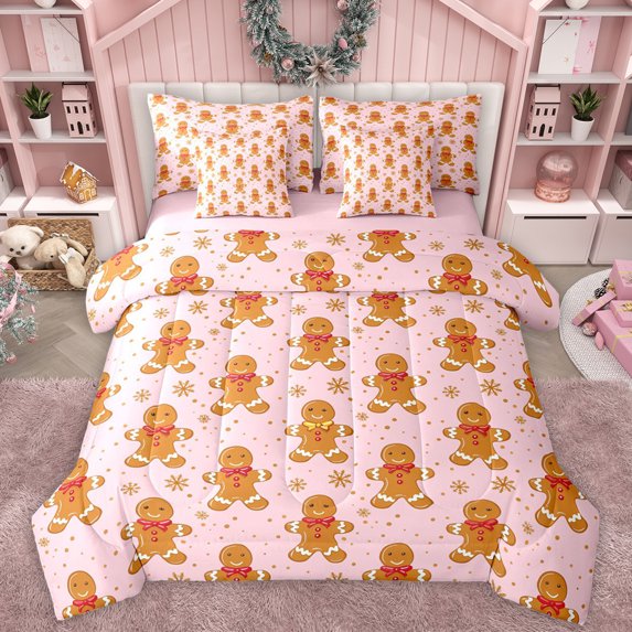 Manfei Glod Snowflake 7pcs Bedding Comforter Set,Happy Christmas Queen Bedding Sets,Brown Gingerbread Man Queen Sheet Sets For Teens,Ultra Soft Home Decor Reversible
