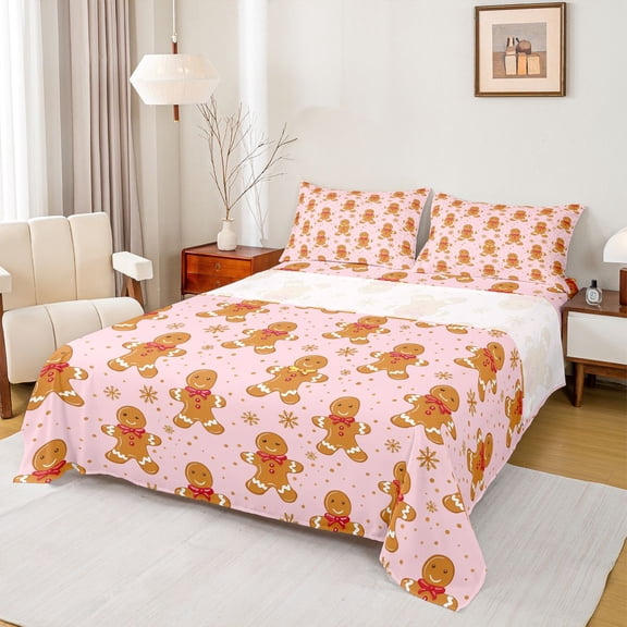 Manfei Glod Snowflake Full Size Sheets,Happy Christmas Bed Sheets,Brown Gingerbread Man Sheet Sets For Teens,Ultra Soft Home Decor,4-Piece