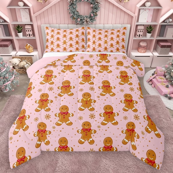 Manfei Glod Snowflake Queen Comforter Set,Happy Christmas Bedding Sets,Brown Gingerbread Man Bedding Comforter Set For Teens,Ultra Soft Home Decor Reversible,3 Pieces