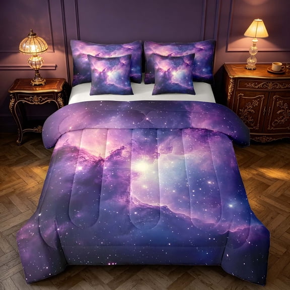 Manfei Glowing Cosmic Clouds 7-Piece Twin Bedding,Celestial Stars Bedding Comforter Set,Purple,Light Gray Reversible