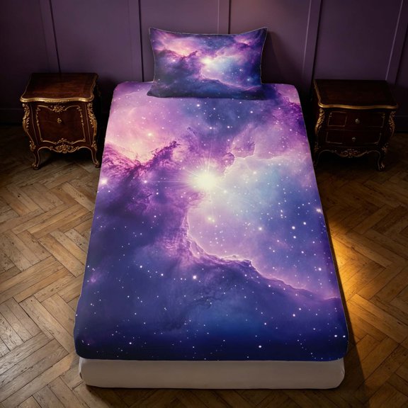 Manfei Glowing Cosmic Clouds Fitted Sheet Full,Celestial Stars Bed Set,Purple,3-Piece