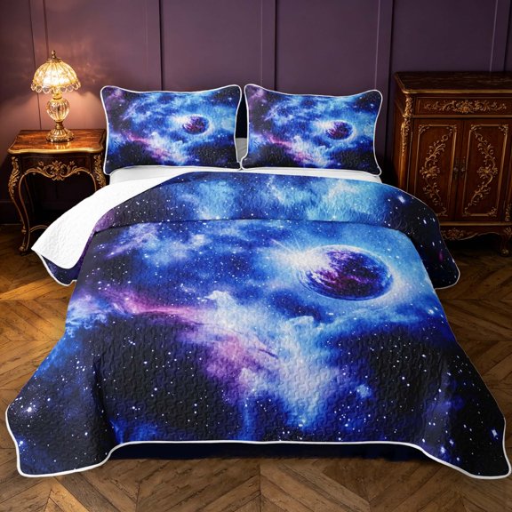 Manfei Glowing Cosmic Planet Bed Spread Queen,Sparkling Interstellar Nebulae Print Queen Coverlet Set,Black Reversible,3-Piece,1 Quilt and 2 Pillowcases