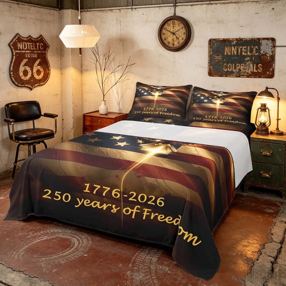 Manfei Glowing Eagle Flag Bed Sheets, 250 Years of Freedom Print Full Size Sheets, Dark Brown, Black Reversible 4-Piece (1 Flat Sheet, 1 Fitted Sheet and 2 Pillowcases)