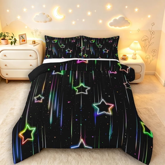 Manfei Glowing Galaxy Stars Queen Comforter Set,Sprinkle Print Comforter Sets Queen,Black,Black Reversible,3 Pieces,1 Comforter and 2 Pillowcases