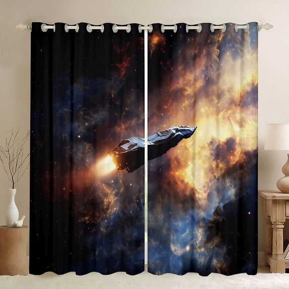 Manfei Glowing Interstellar Spaceships Curtains and Drapes Pack of 2 (52x63 Each),Celestial Nebula Black Out Curtains