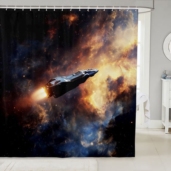 Manfei Glowing Interstellar Spaceships Shower Curtain 72Wx84L,Celestial Nebula Bathroom Shower Curtain
