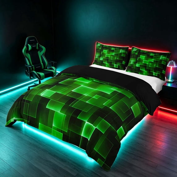 Manfei Glowing Plaid Duvet Cover Queen, Geometric Checkered Queen Bedding, Green and Black, Black Reversible 3pcs, 1 Duvet Cover and 2 Pillowcases