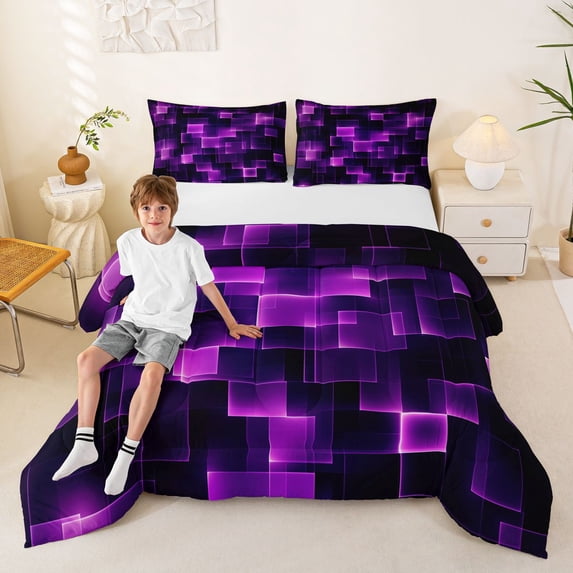 Manfei Glowing Plaid Queen Comforter Set, Geometric Checkered Comforter Sets Queen, Purple and Black, Black Reversible 3 Pieces, 1 Comforter and 2 Pillowcases