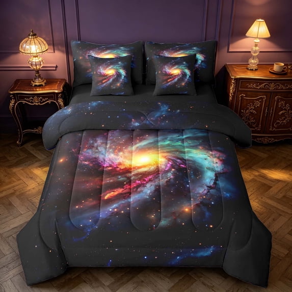 Manfei Glowing Spiral Galaxy 7-Piece King Bedding,Celestial Stars King Bed in a Bag,Black,Black Reversible