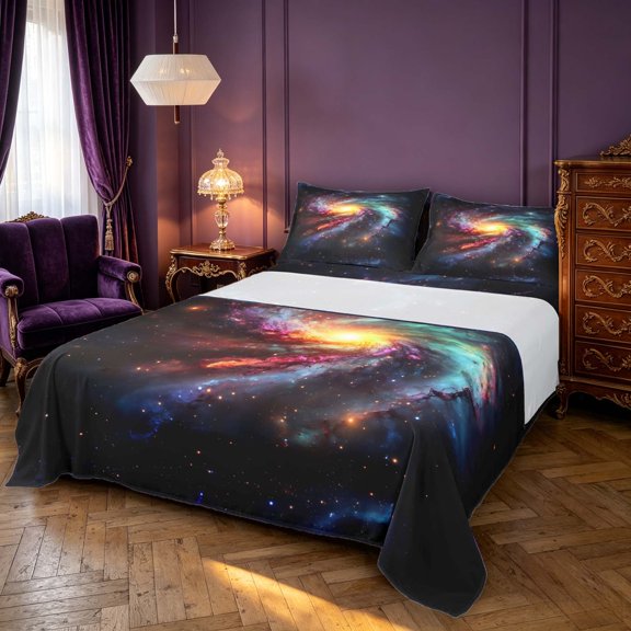 Manfei Glowing Spiral Galaxy Queen Sheets,Celestial Stars Queen Sheet Sets,Black,4 Pieces,1 Flat Sheet,1 Fitted Sheet and 2 Pillowcases