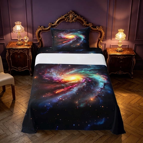 Manfei Glowing Spiral Galaxy Twin Sheets,Celestial Stars Bedding,Black,3pcs,1 Flat Sheet,1 Fitted Sheet and 1 Pillowcase