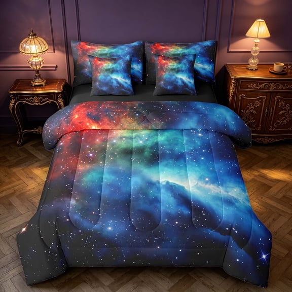 Manfei Glowing Stars 7 Pieces Full Size Bedding Sets,Celestial Colorful Nebula Full Size Bed in a Bag,Black Reversible