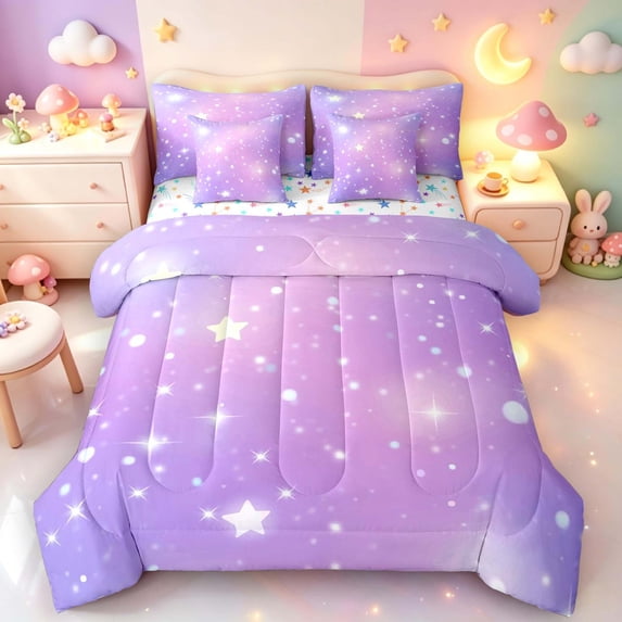 Manfei Glowing Stars 7pcs Queen Bedding,Dreamy Purple Gradient Bedding Comforter Set Queen,Colorful Stars Reversible