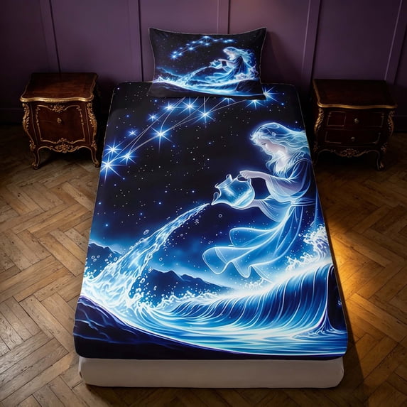 Manfei Glowing Stars Fitted Sheet Full,Starry Sky Bed Set,Black Blue,3 Pieces