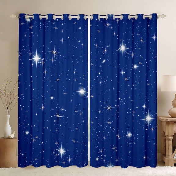 Manfei Glowing Stars Kitchen Curtains,Boys Friendly Style Black Out Curtains Pack of 2 (42x63 Each),Dark Blue White