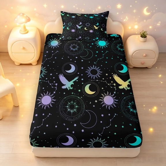 Manfei Glowing Stars Moon Fitted Sheet Full,Cartoon Eagle Animals Bed Set,Black Teal,3-Piece