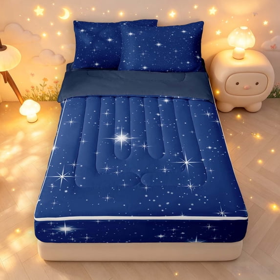 Manfei Glowing Stars Zipper Twin Comforter Sets with Fitted Sheet and 2 Pillowcases,Boys Friendly Style Zipper Bedding Set,Dark Blue White,Navy Blue Reversible,4pcs