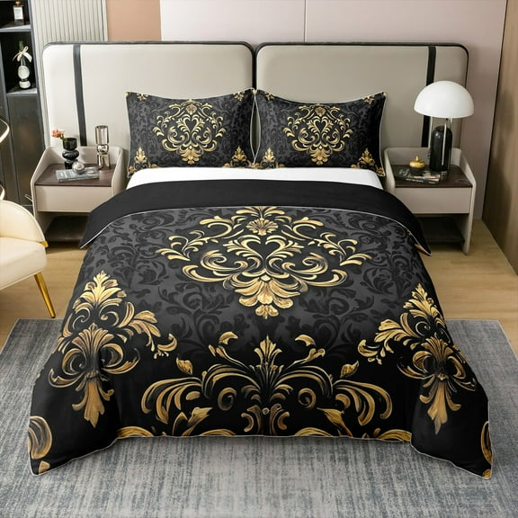 Manfei Gold Baroque Damask 100% Cotton Duvet Cover Full Size, Hippie Flower Floral Bedding Sets Full Size, Vintage Victorian Bed Set, Breathable Bedroom Decorative