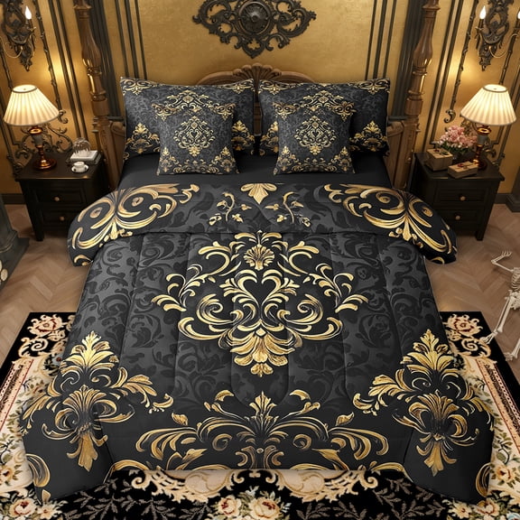 Manfei Gold Baroque Damask 7pcs Bedding Twin Size, Hippie Flower Floral Comforter Sets with Sheets, Vintage Victorian Bed Set, Breathable Bedroom Decorative