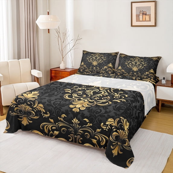 Manfei Gold Baroque Damask Bed Sheets Set Full Size, Hippie Flower Floral Bedding Sets Full Size, Vintage Victorian Top Sheet, Breathable Bedroom Decorative, 4-Piece