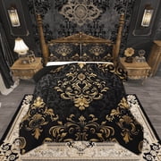 Manfei Gold Baroque Damask Bedding Queen Comforter Set, Hippie Flower Floral Down Comforter, Vintage Victorian Bedding S