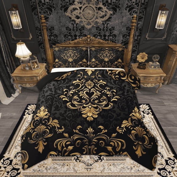 Manfei Gold Baroque Damask Bedding Queen Comforter Set, Hippie Flower Floral Down Comforter, Vintage Victorian Bedding Sets Queen with Comforter, Breathable Bedroom Decorative, 3 Pieces Reversible