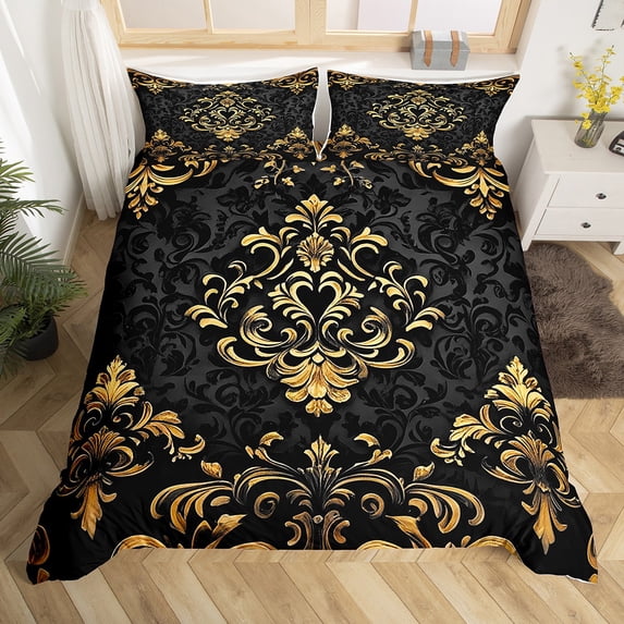 Manfei Gold Baroque Damask Comforter Cover Full, Hippie Flower Floral Bedding Full Size, Vintage Victorian Bed Set, Breathable Bedroom Decorative, Zipper Closure and Reversible 3-Piece