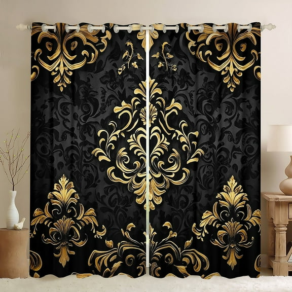 Manfei Gold Baroque Damask Curtains Pack of 2 (42x84), Hippie Flower Floral Black Out Curtains, Vintage Victorian Window Curtains, Stylish Bedroom Decorative