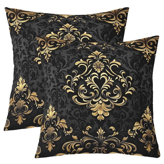 Manfei Gold Baroque Damask Cushion Covers for Sofa Set of 2, Hippie Flower Floral Throw Pillow Covers for Bed, 16x16, Vintage Victorian Throw Pillow Covers, Breathable Bedroom Decorative