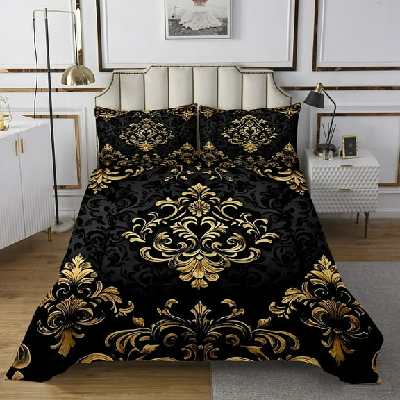 Manfei Gold Baroque Damask Quilt Sets for King Size Bed, Hippie Flower Floral Bed Set, Vintage Victorian Quilt Bedding Set, Breathable Bedroom Decorative, 3pcs