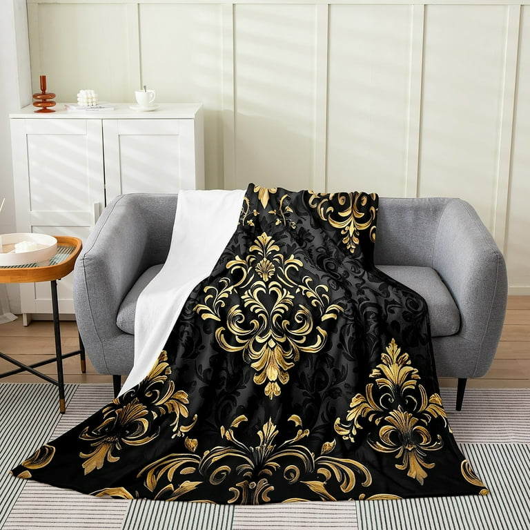 Manfei Gold Baroque Damask Sherpa Blanket 60x80, Hippie Flower