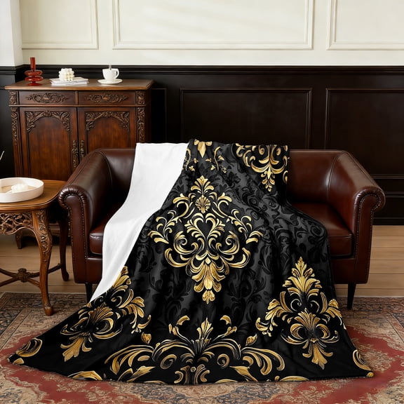 Manfei Gold Baroque Damask Throw Blanket for Couch 90x90, Hippie Flower Floral Plush Blanket, Vintage Victorian Flannel Throw, Breathable Bedroom Decorative