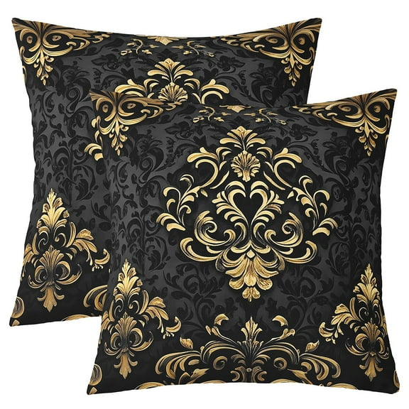 Manfei Gold Baroque Damask Throw Pillow Covers 24x24 Set of 2, Hippie Flower Floral Pillow Cases for Couch, Vintage Victorian Pillow Cases, Breathable Bedroom Decorative